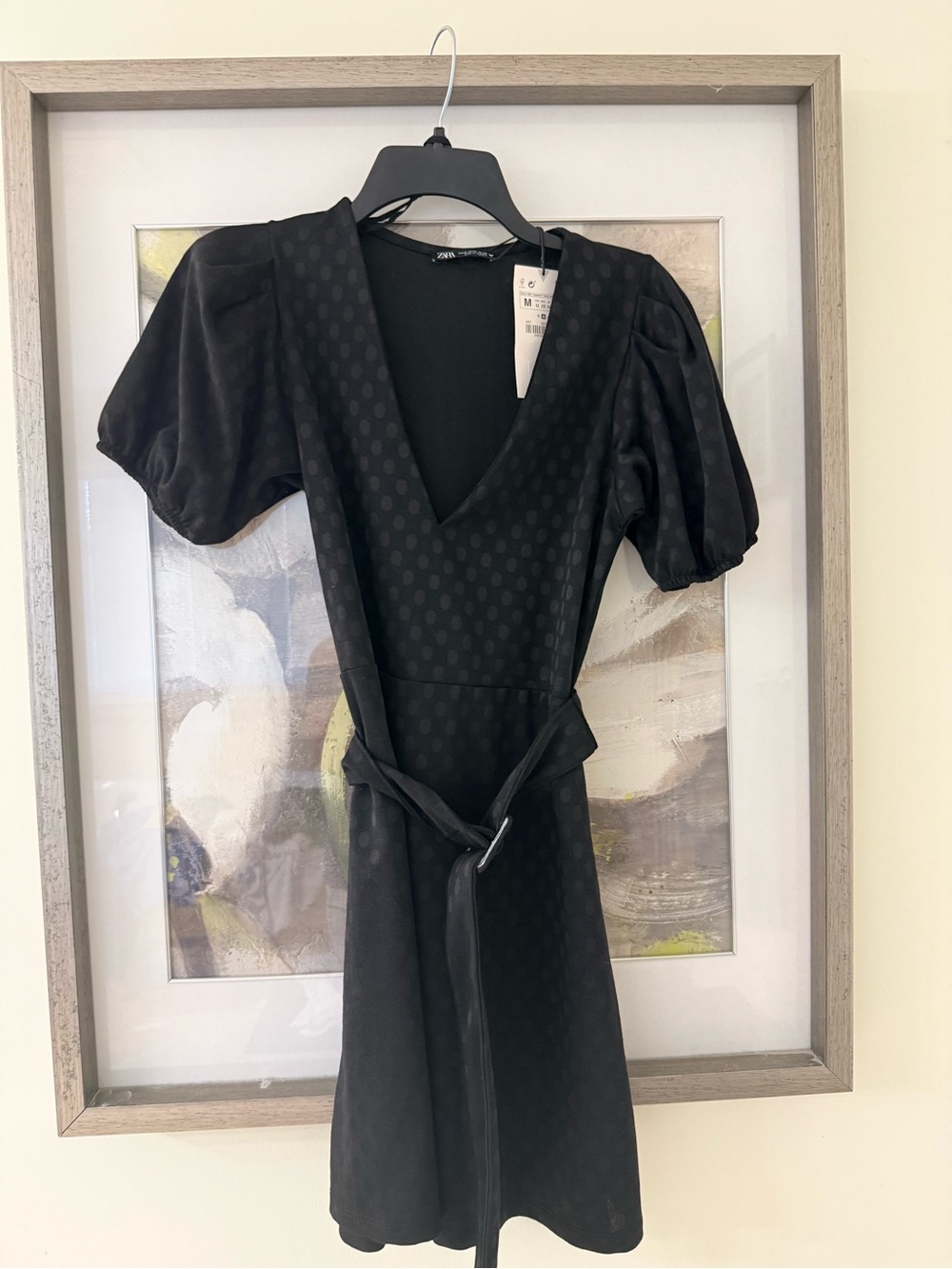 Zara Black Puff-Sleeve V-Neck Dress with Self-Tie Waist